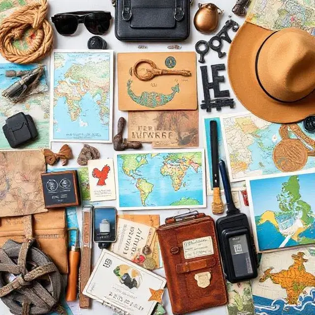 A collection of travel and adventure-themed items.